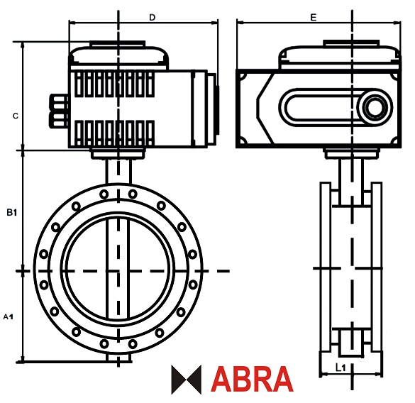 Чертеж габаритный затвора поворотного ABRA BUV-FL c электроприводом ПК Сатурн или ДН (DN) или Аирар/Архимед или аналогичными по IP, производительности и габаритам типами других производителей  (исп. S1) 1х220В, DN50-DN300