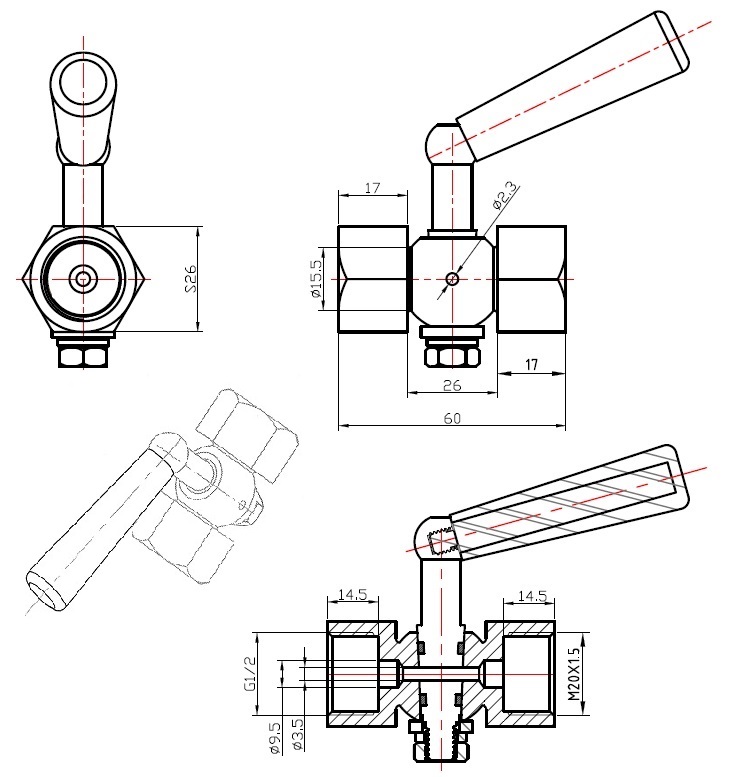 Габаритные размеры в мм крана трехходового под манометр ABRA КМ Ду 015 Ру 16 резьбового(клапана к манометру). 