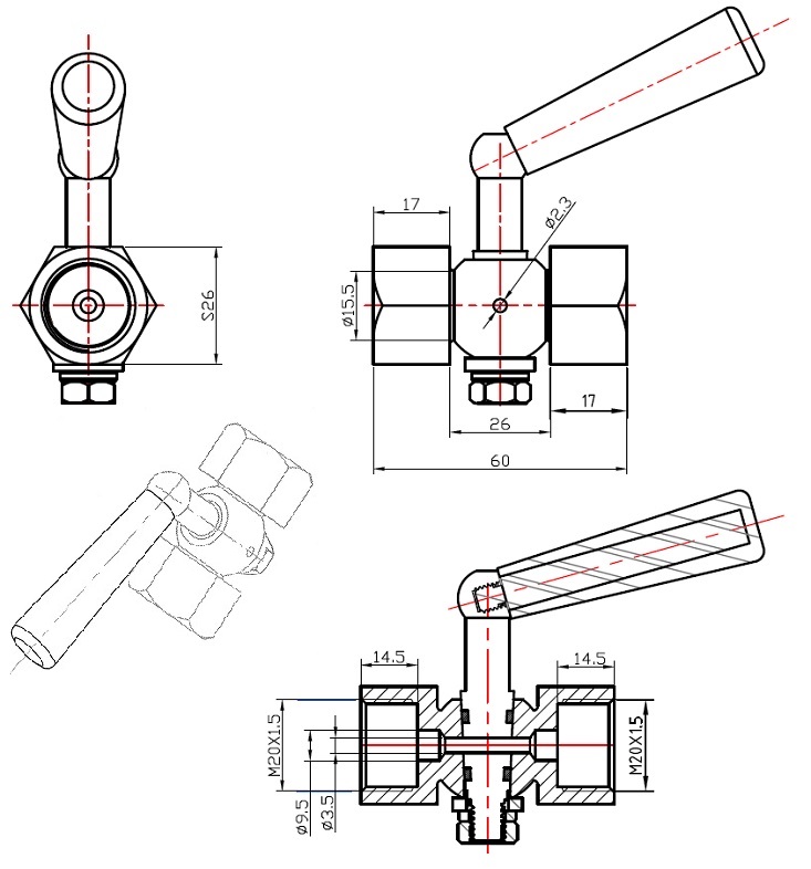 Габаритные размеры в мм крана трехходового под манометр ABRA КМ Ду 015 Ру 16 резьбового (клапана к манометру). 