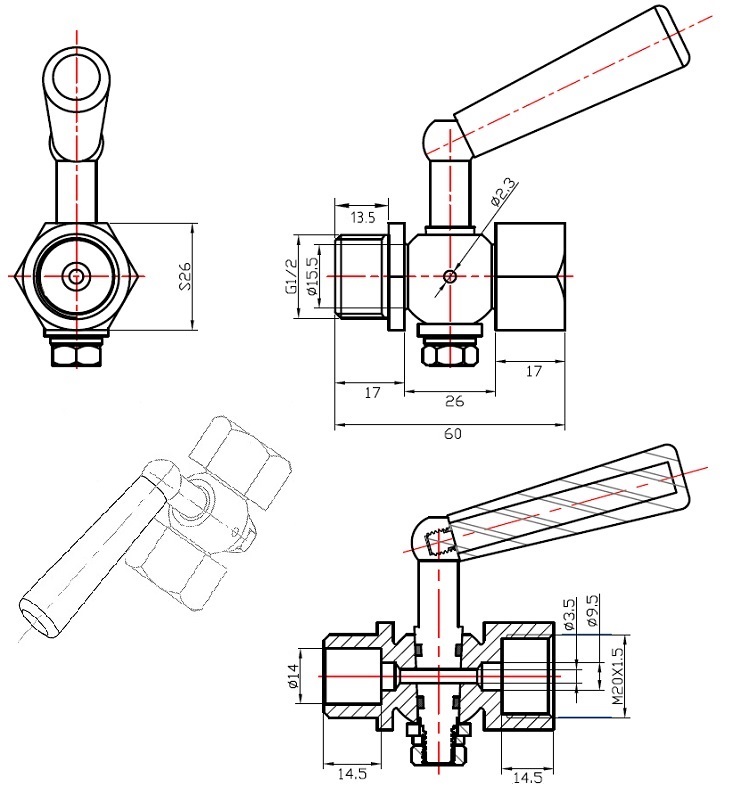 Габаритные размеры в мм крана трехходового под манометр ABRA КМ Ду 015 Ру 16 резьбового(клапана к манометру). 